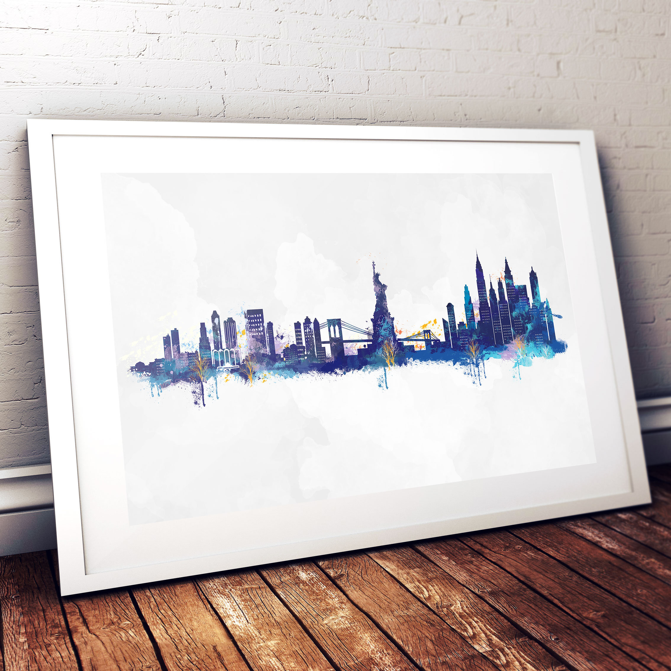 New York City Skyline Art Print, Abstract Blue Watercolour on Grey wash  background – 