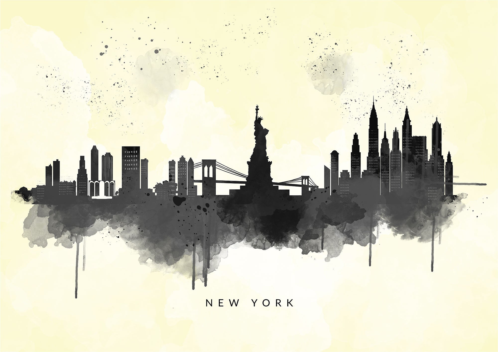 New York City Skyline Black And White Watercolour Abstract Art Print Yellow Background