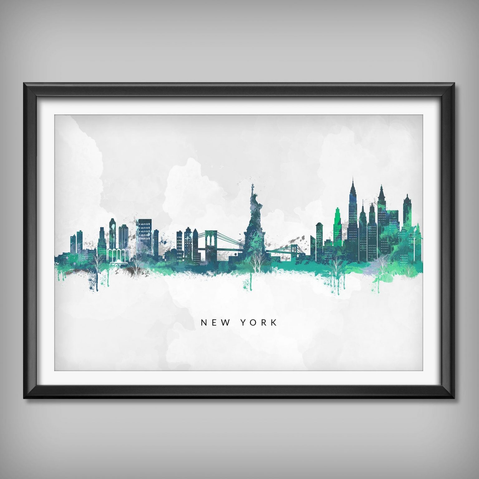 New York City Skyline, Green Art, Watercolour Abstract Art Print Poster ...