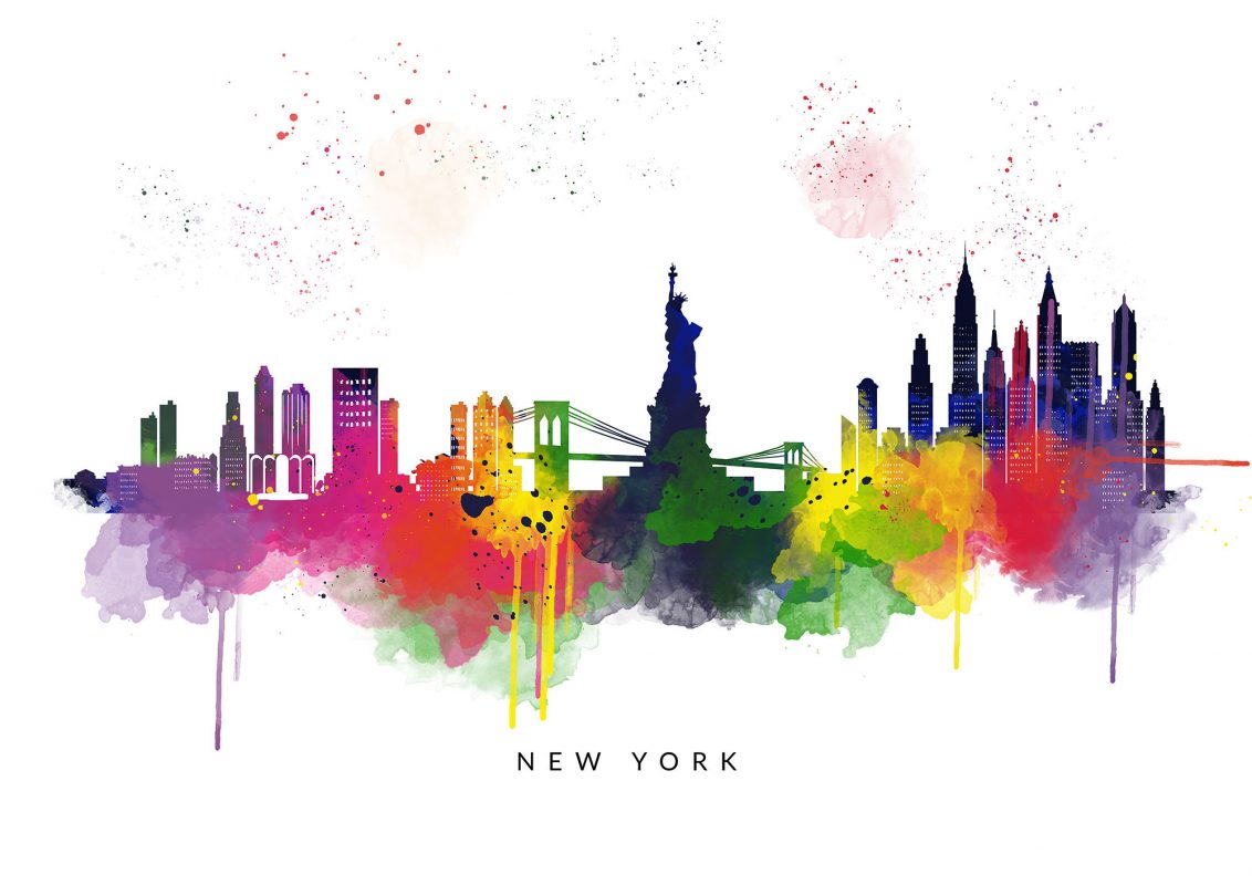 New York City Skyline, White Background, Multicolour Watercolour