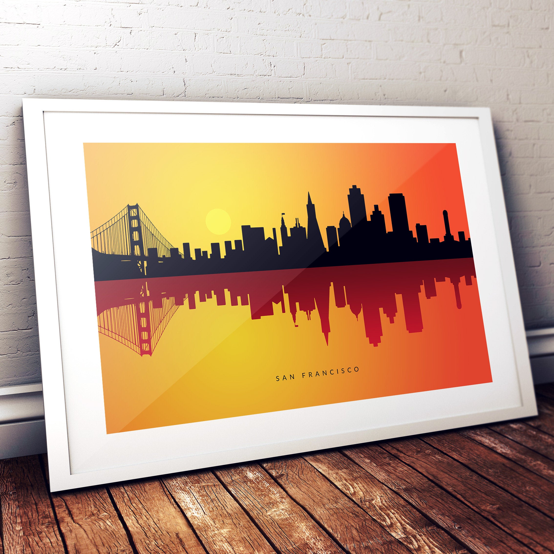 San Francisco Wall Art, City Reflection Background Poster, Art Skyline, Print, Cityscape, – Orange