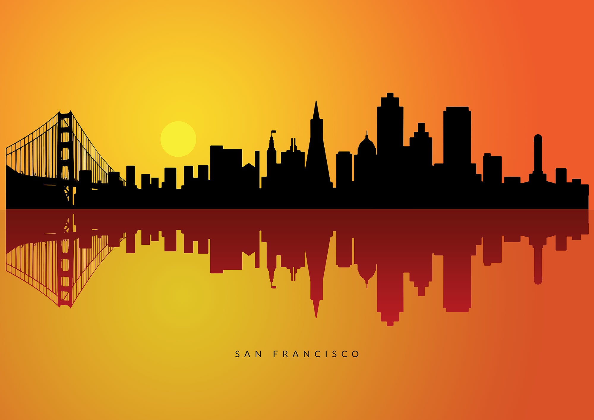 Orange Background San – Print, Reflection City Wall Cityscape, Poster, Art Art, Skyline, Francisco